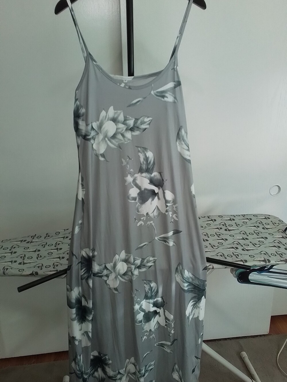 Gray Floral Maxi Dress with Spaghetti Straps